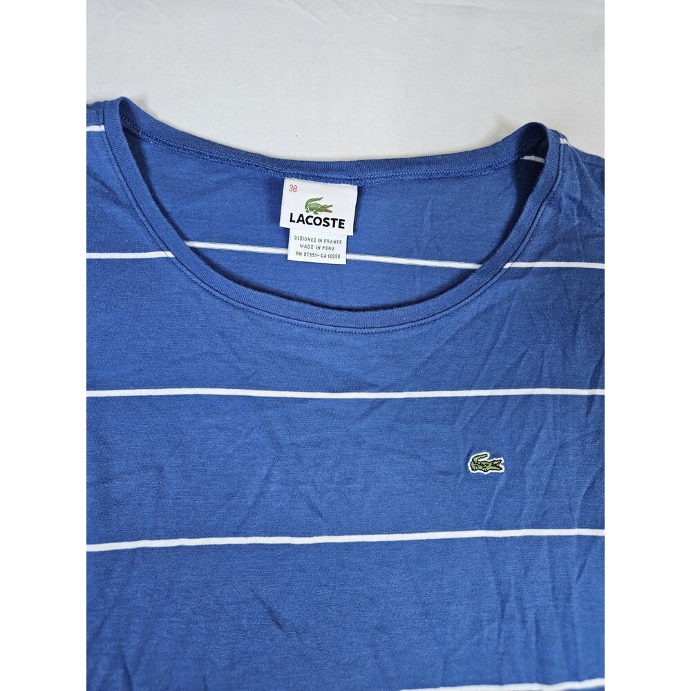 Lacoste Shirt Women's Size 38 Blue White Striped Cotton T-Shirt Tab Sleeve